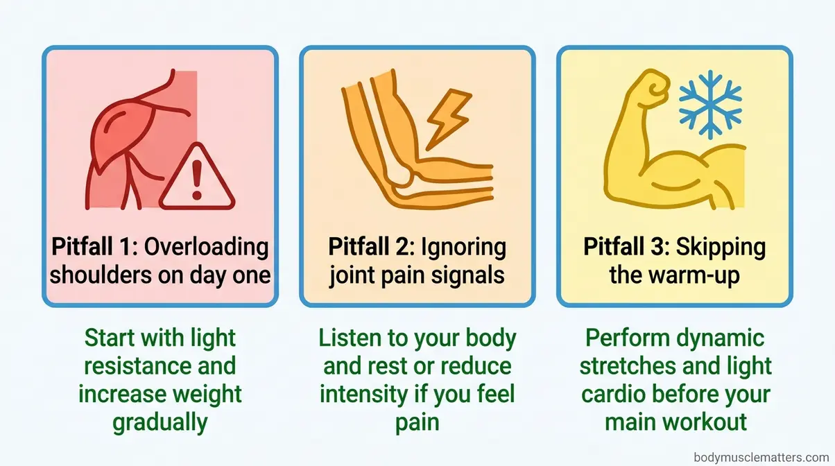 Three common pitfalls of upper-body cardio without using legs showing shoulder overload pain signals and skipped warm-up warnings
