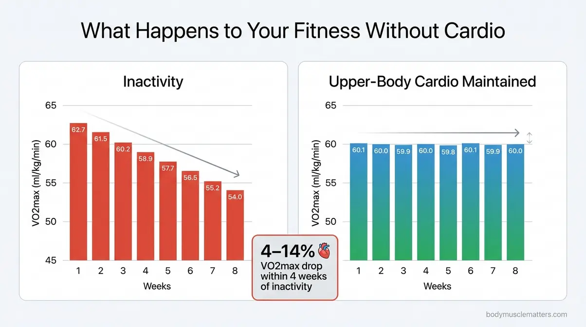 Bar chart comparing VO2max decline with inactivity versus maintenance through upper-body cardio exercises over eight weeks