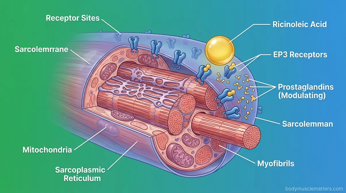 Scientific illustration of ricinoleic acid interacting with EP3 receptors in inflamed muscle tissue