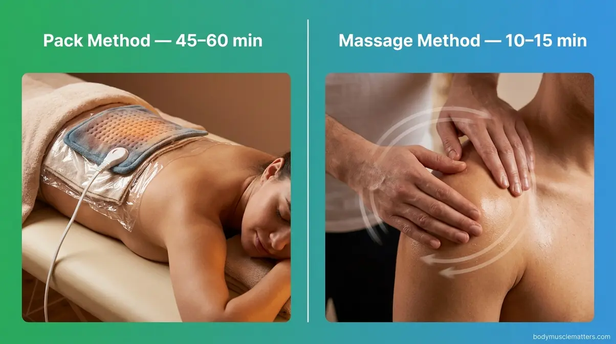 Two castor oil application methods side by side — pack method on lower back and massage on shoulder