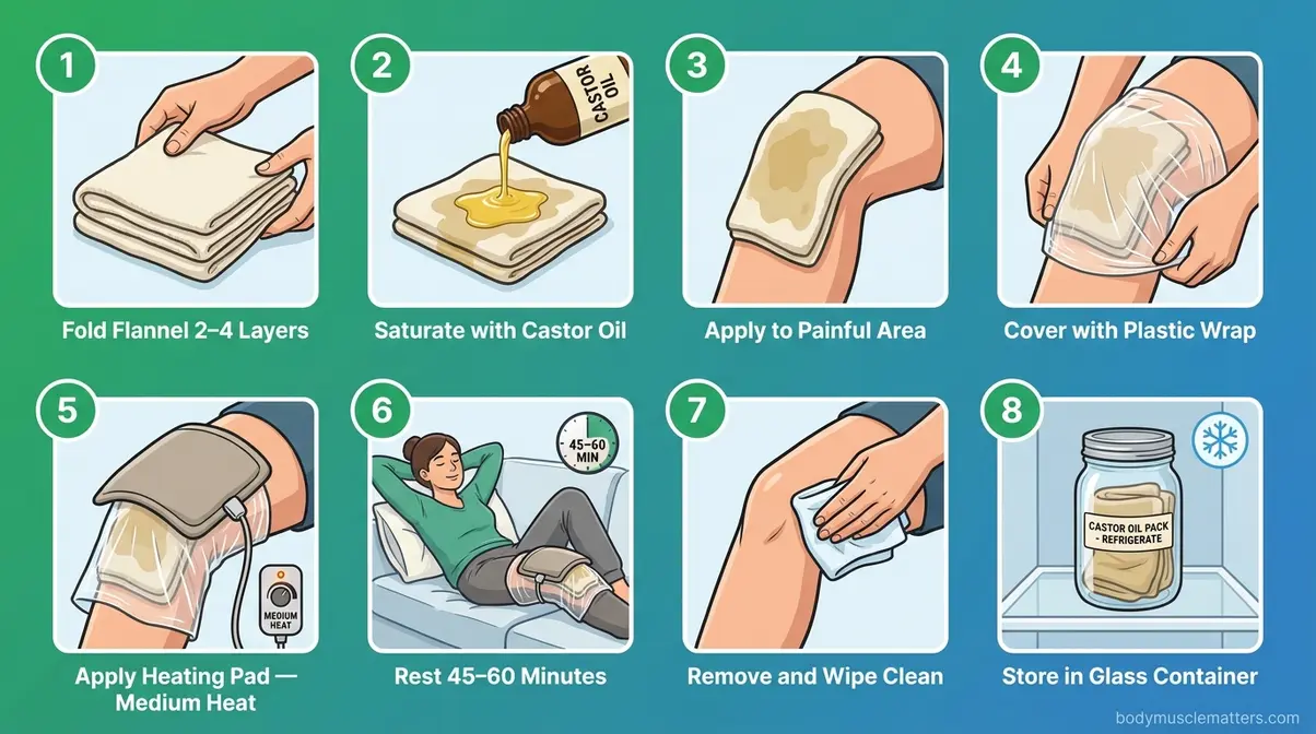 Step-by-step diagram for castor oil pack application for muscle pain relief