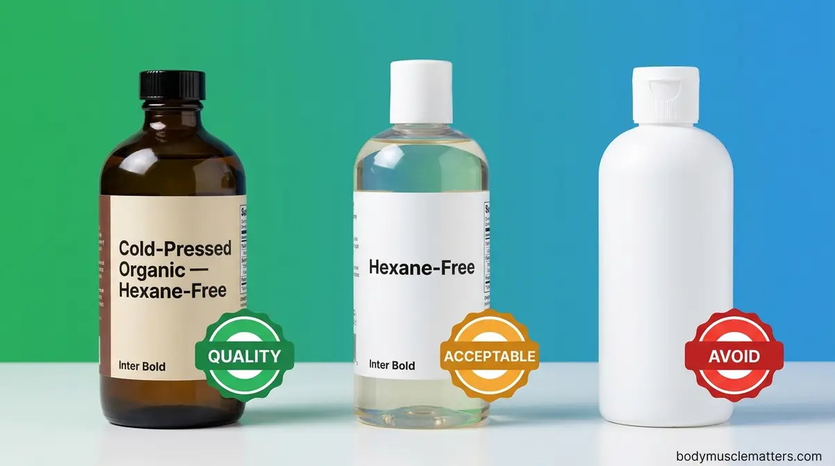 Three castor oil bottles comparing quality grades from best to avoid for pain relief