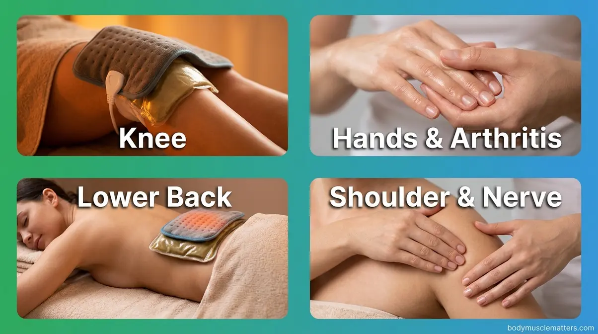 Four castor oil application areas — knee, hands, lower back, and shoulder pain relief zones