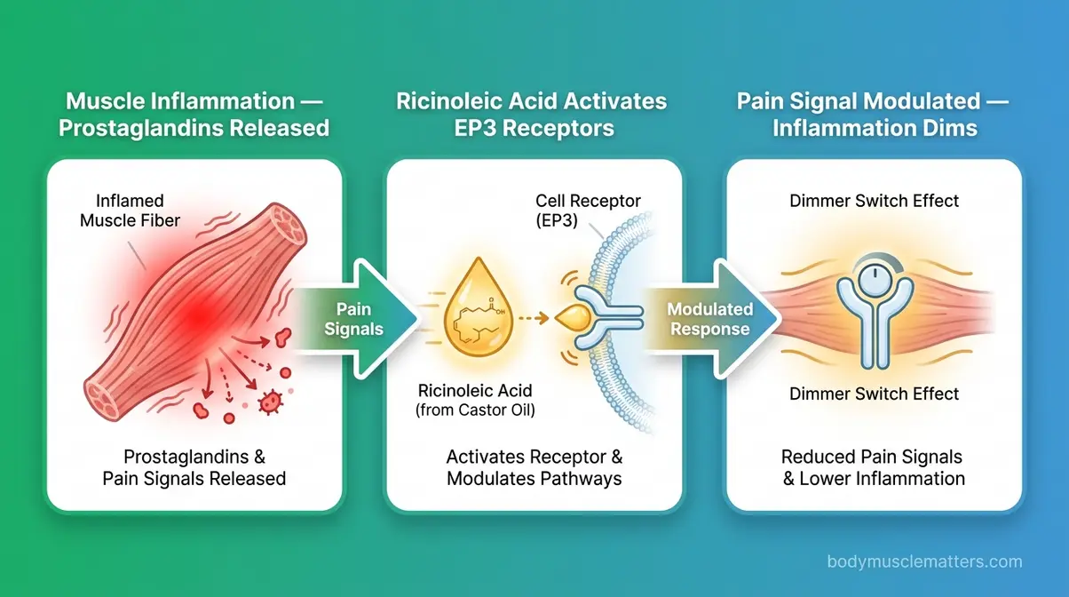 Infographic showing how castor oil for muscle pain works through ricinoleic acid and EP3 receptor binding