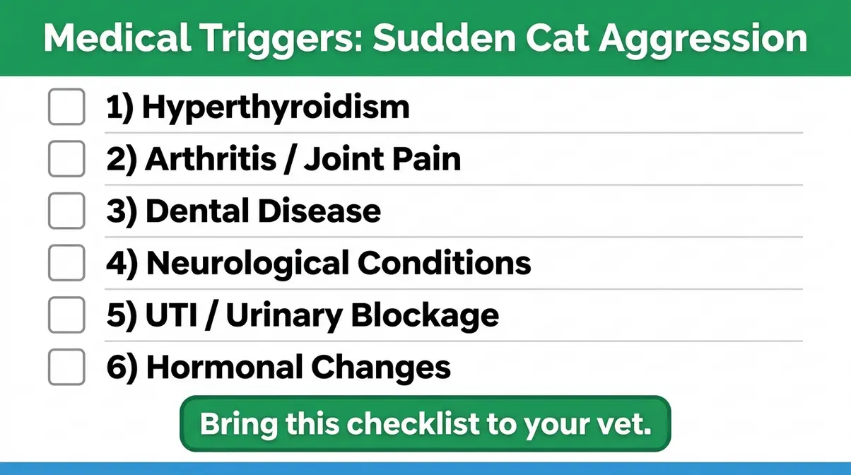 Medical triggers checklist for sudden cat aggression towards owner with six causes listed