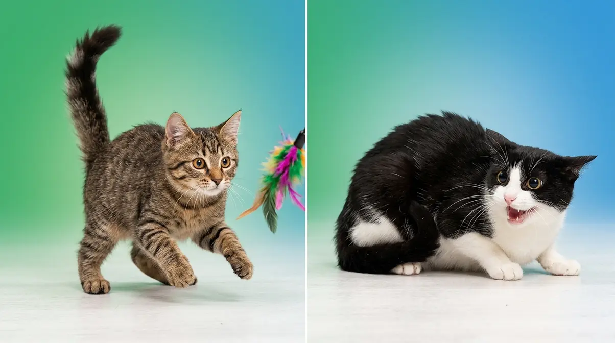 Two cats showing contrasting aggression types — playful pounce versus defensive fear posture