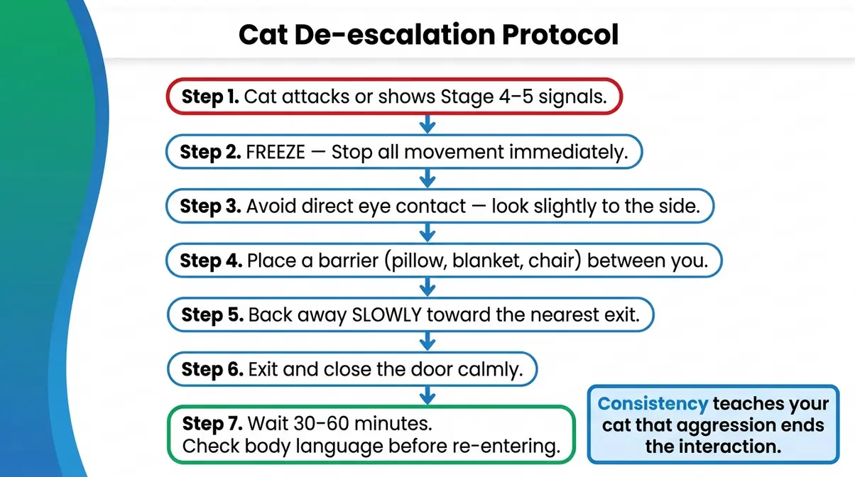 Cat de-escalation protocol flowchart showing seven steps from attack to safe re-entry