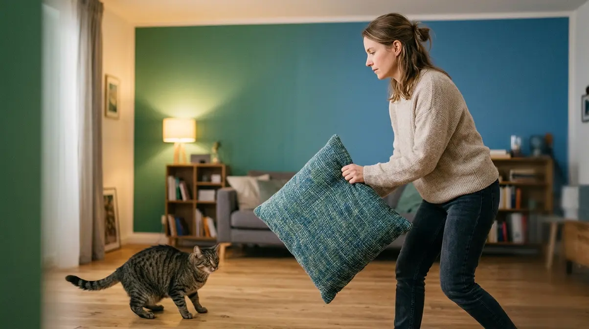Person calmly backing away from aggressive cat using pillow barrier during de-escalation