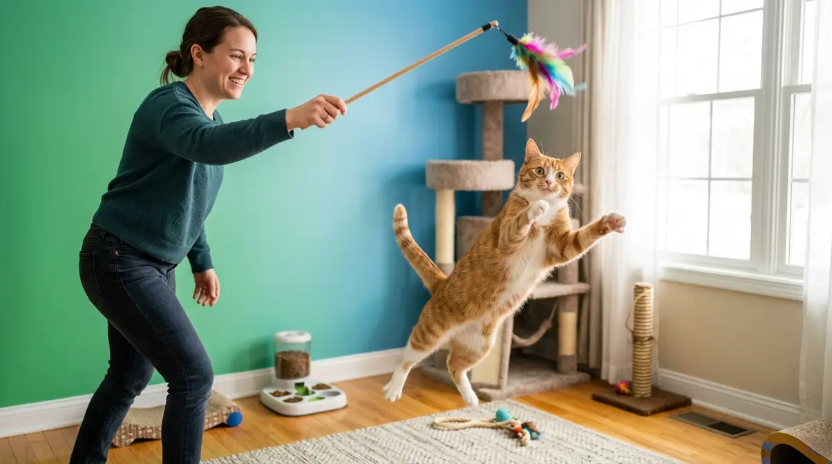 Owner using wand toy for structured daily play session to reduce cat aggression long-term