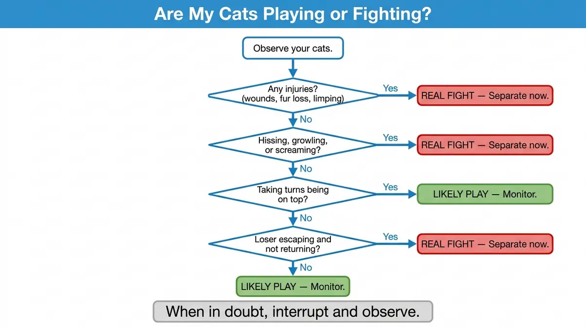 Are my cats playing or fighting decision flowchart with four diagnostic questions