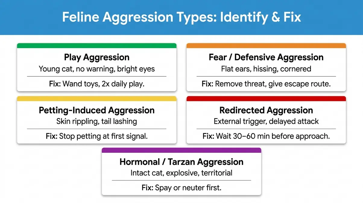 Feline aggression types diagram showing five categories with identification signals and fixes