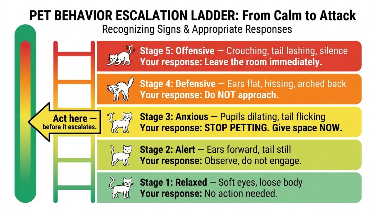 Feline aggression body language progression chart showing five stages from relaxed to attack