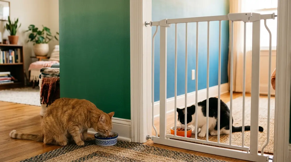Two cats eating on opposite sides of a door during structured reintroduction protocol