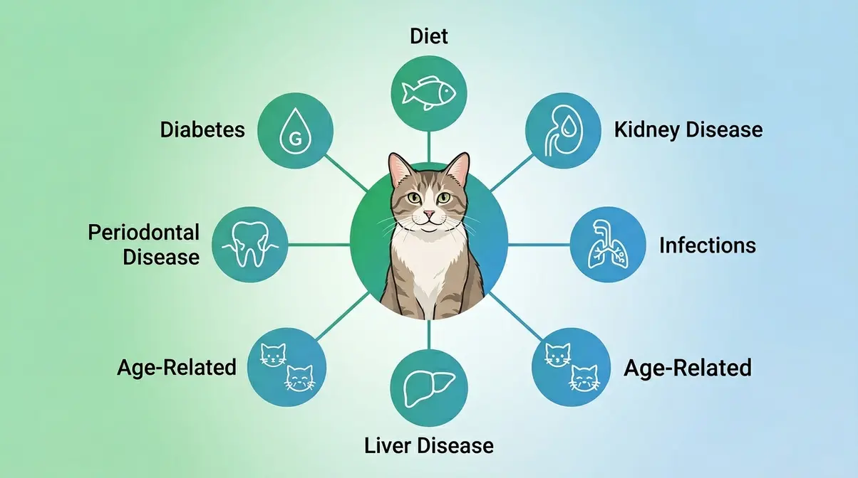 Seven most common cat bad breath causes illustrated including dental disease kidney disease and diabetes