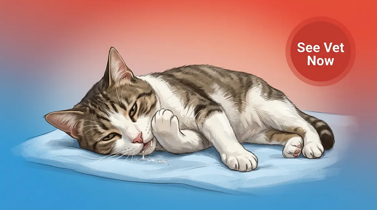 Cat showing red flag warning signs of bad breath causes including pawing at mouth drooling and lethargy