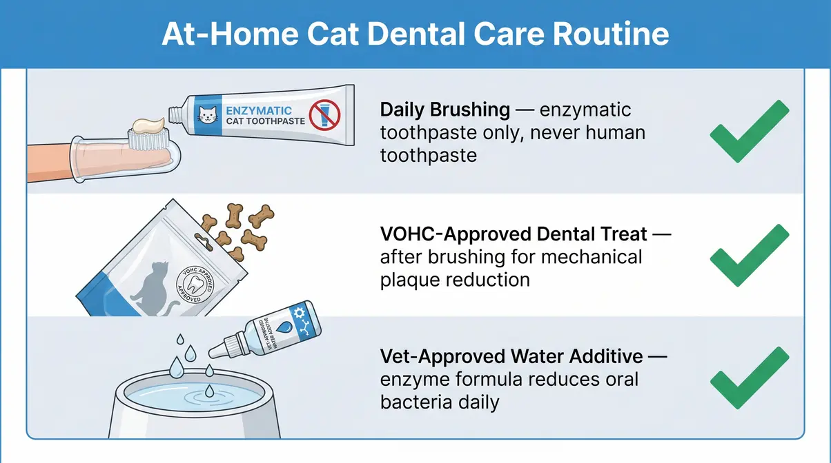 At-home cat oral care routine to prevent bad breath causes including brushing dental treats and water additives
