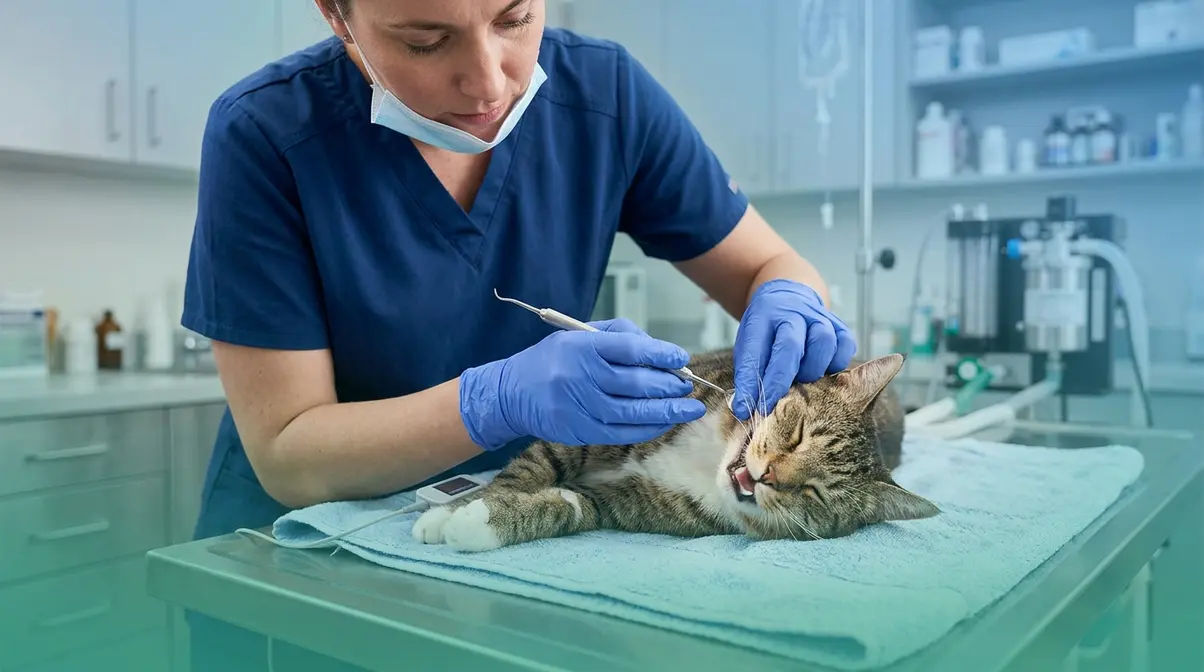 Veterinarian performing professional dental cleaning on cat to treat bad breath causes from tartar buildup