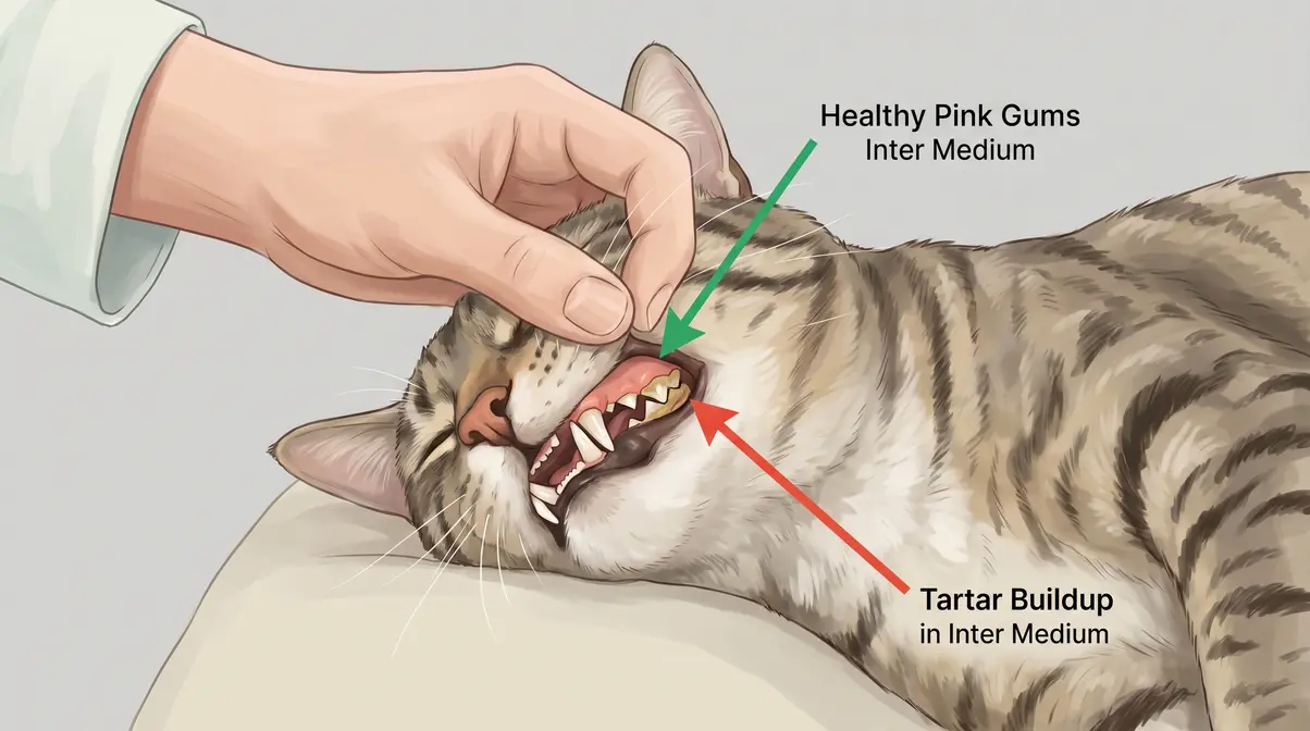 How to safely check cat mouth at home for bad breath causes showing gum color and tartar inspection