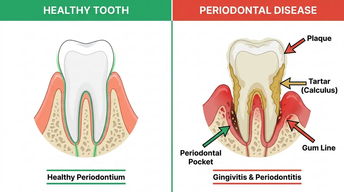 Cat bad breath causes periodontal disease diagram showing tartar buildup and gum inflammation on cat teeth
