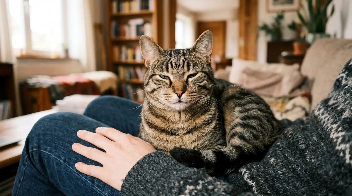 Relaxed tabby cat performing a slow blink at the camera while sitting on a person's lap showing genuine feline trust and affection