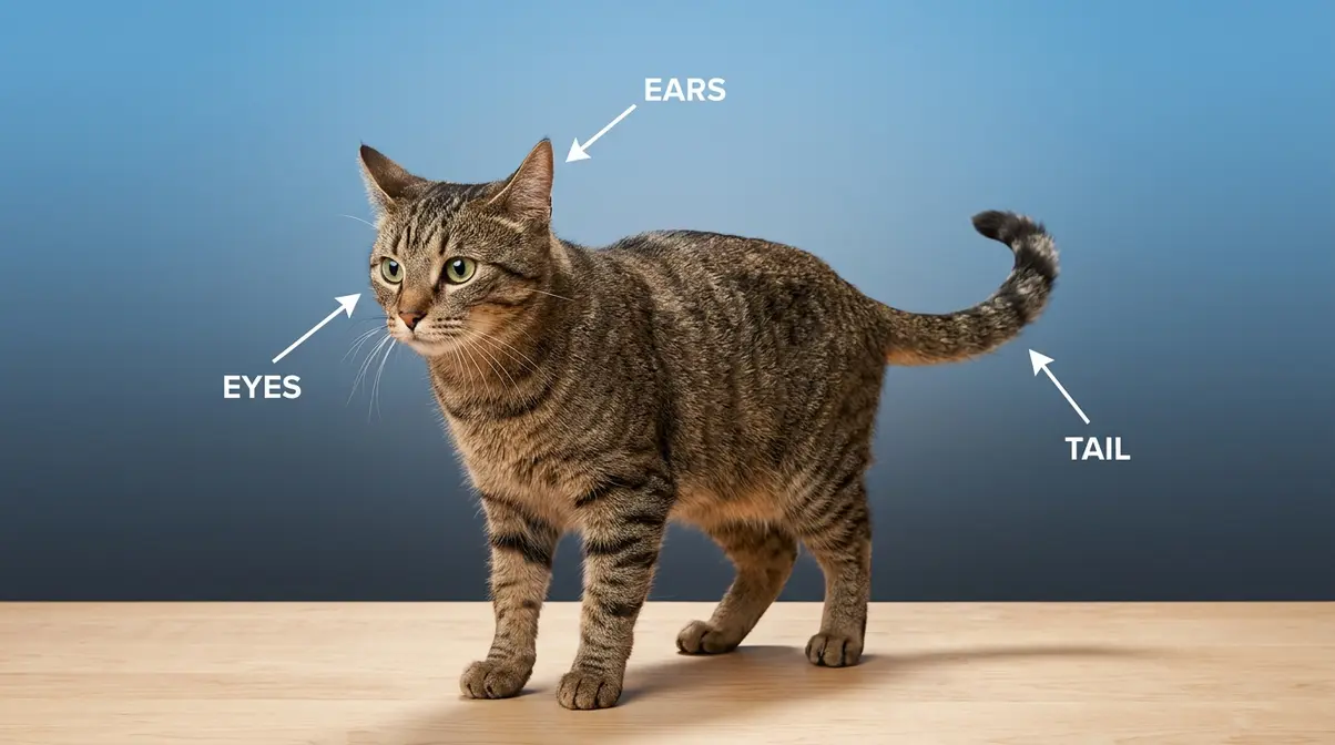 Domestic cat showing multiple body language signals including tail position, ear rotation, and eye dilation for owner interpretation