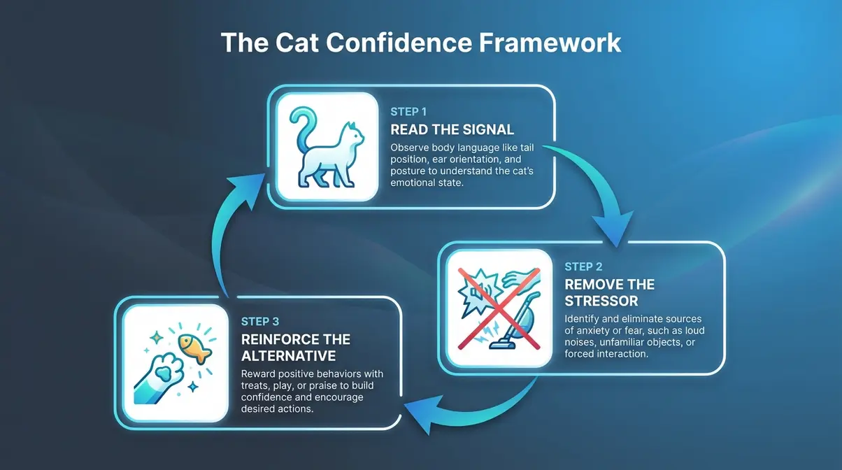Infographic showing the three-step Cat Confidence Framework: Read the Signal, Remove the Stressor, Reinforce the Alternative