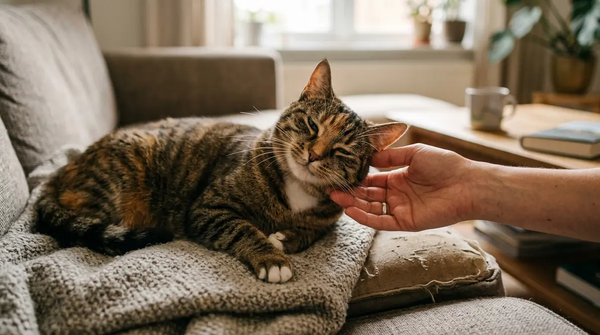 Person pausing petting while cat leans forward to head-butt their hand showing a green light consent test response during interaction