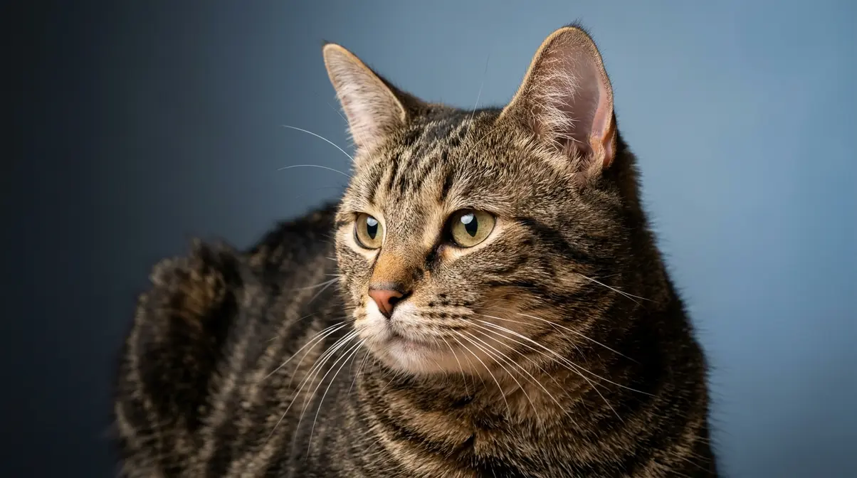 Close-up of a calm cat showing forward ears, relaxed pupils, and fanned whiskers indicating a content and approachable emotional state