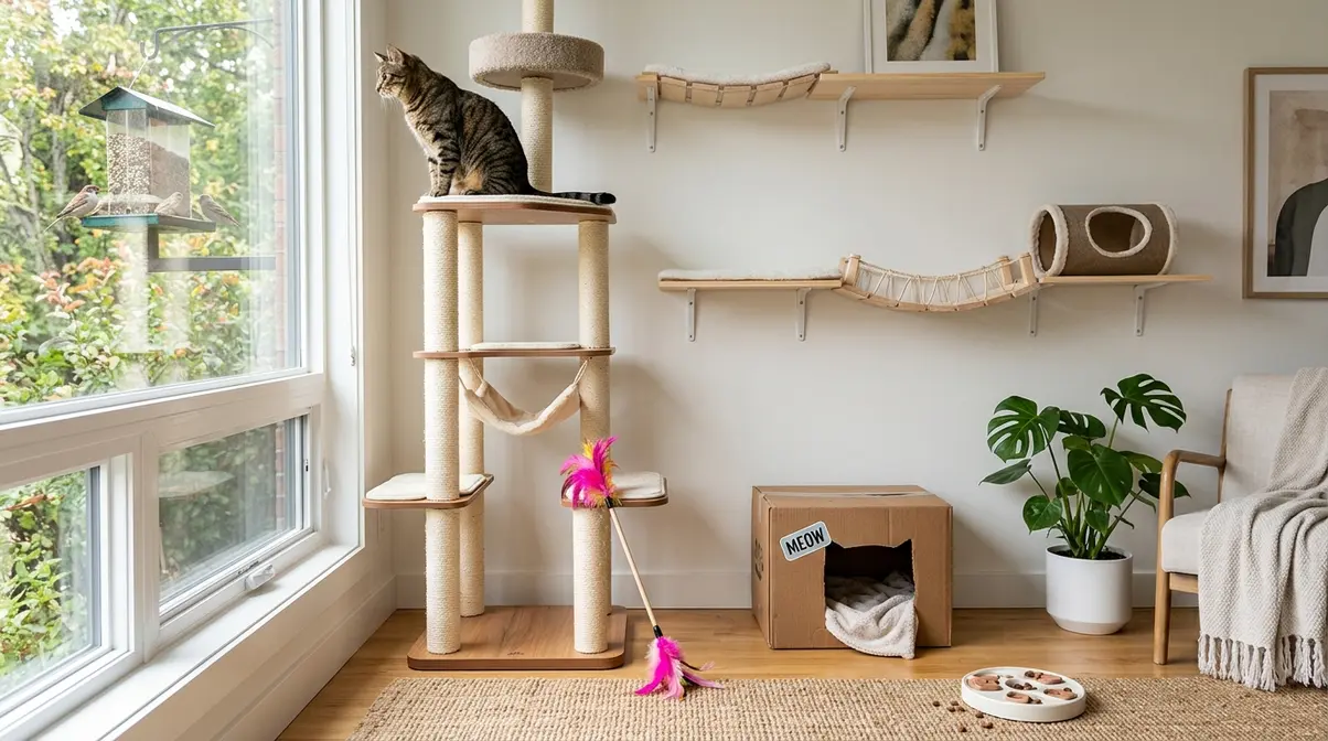 Indoor cat enrichment setup showing tall cat tree near window, wall shelves, cardboard hideout, puzzle feeder, and wand toy in a living room