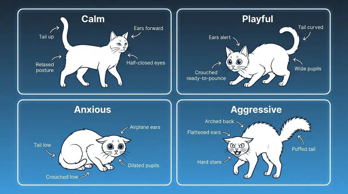 Illustrated cat body language chart showing ear, eye, posture, and tail combinations for calm, playful, anxious, and aggressive emotional states