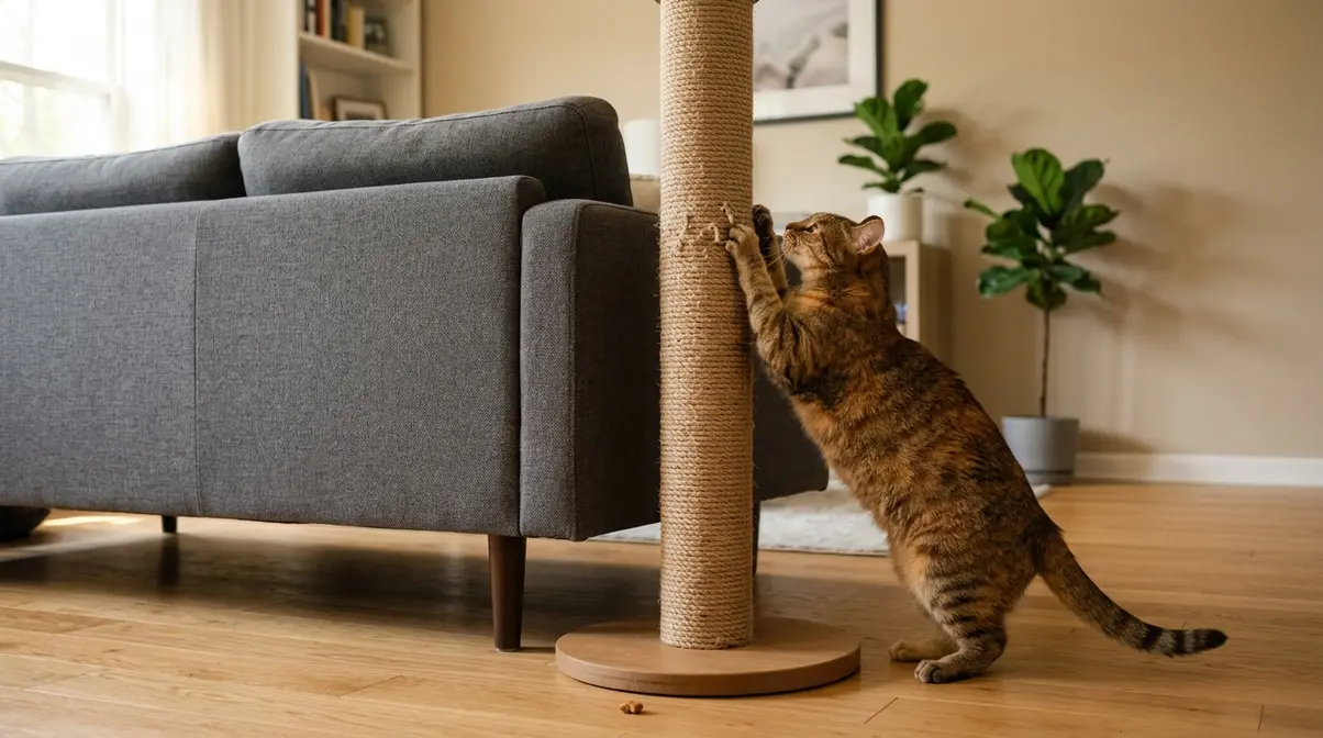 Cat actively scratching a tall sisal post positioned next to a sofa demonstrating successful scratching redirection behaviour