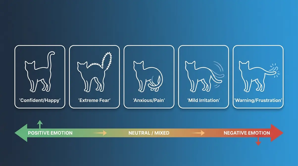 Cat tail position diagram showing five emotional states from high and confident to tucked and fearful with descriptive labels