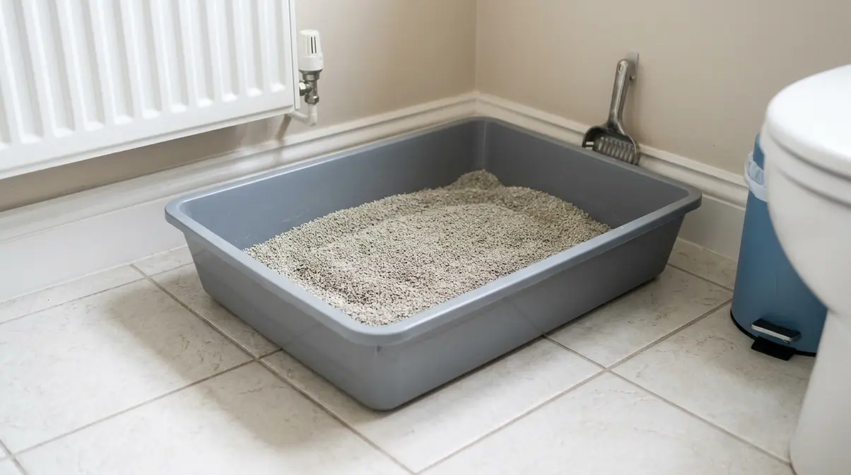 Large open litter tray filled with unscented clumping litter placed in a quiet low-traffic corner showing the ideal litter box setup