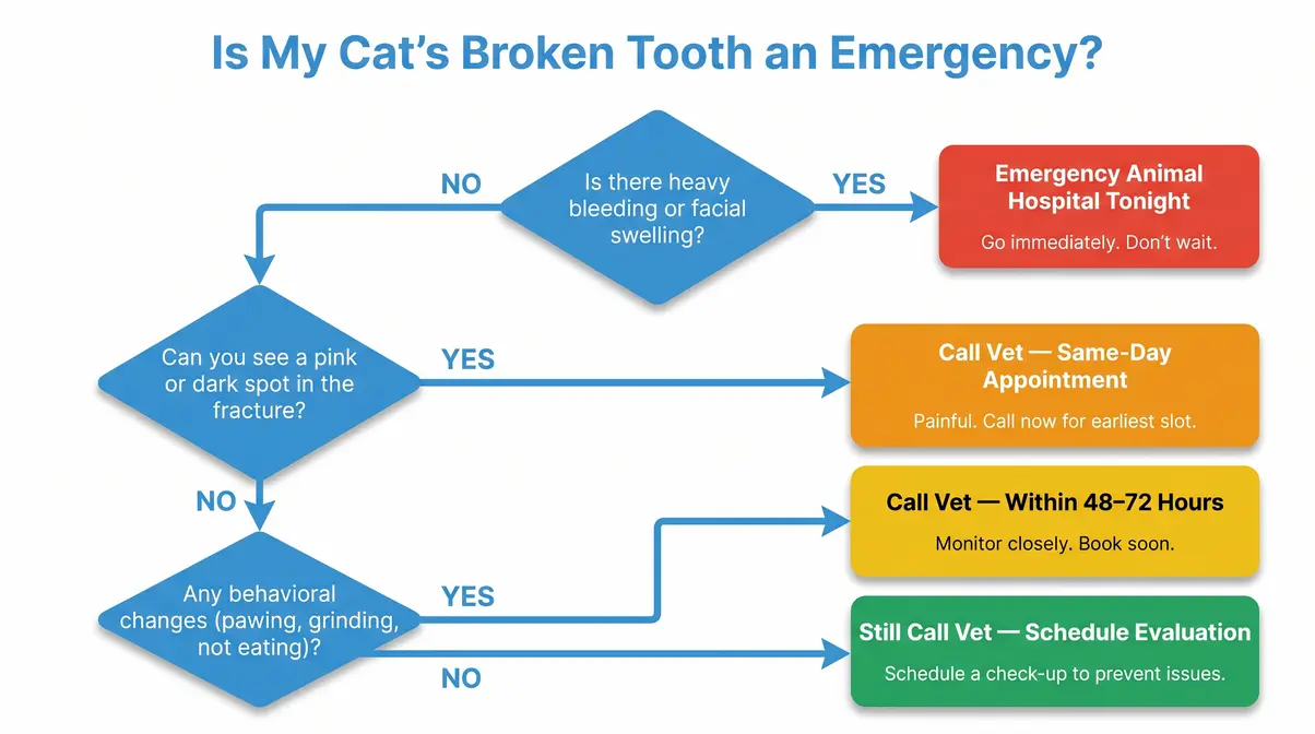 Cat broken tooth emergency decision flowchart showing when to visit emergency vet versus schedule urgent appointment