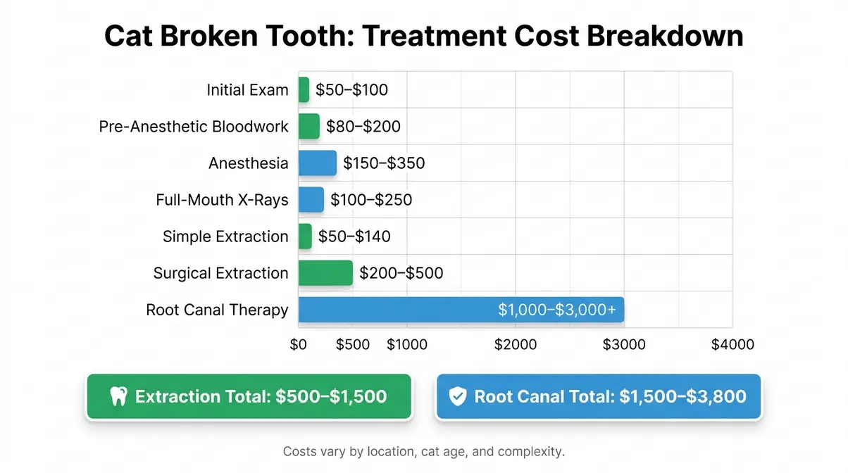 Bar chart showing cat broken tooth treatment cost breakdown including anesthesia x-rays extraction and root canal price ranges
