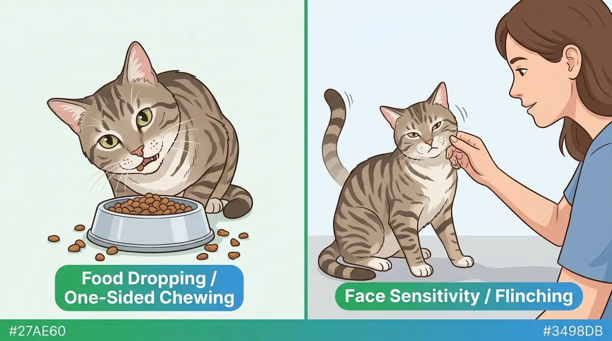 Cat showing dental pain symptoms including food dropping and facial sensitivity during owner assessment