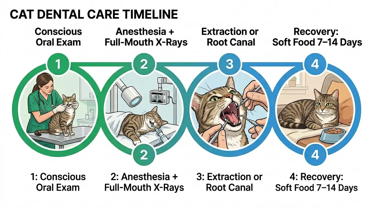 Four-step cat dental procedure illustration from conscious exam through anesthesia extraction and home recovery