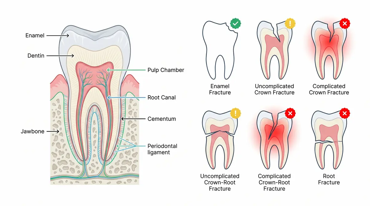 Cat tooth anatomy cross-section diagram showing enamel dentin and pulp layers with six fracture type illustrations