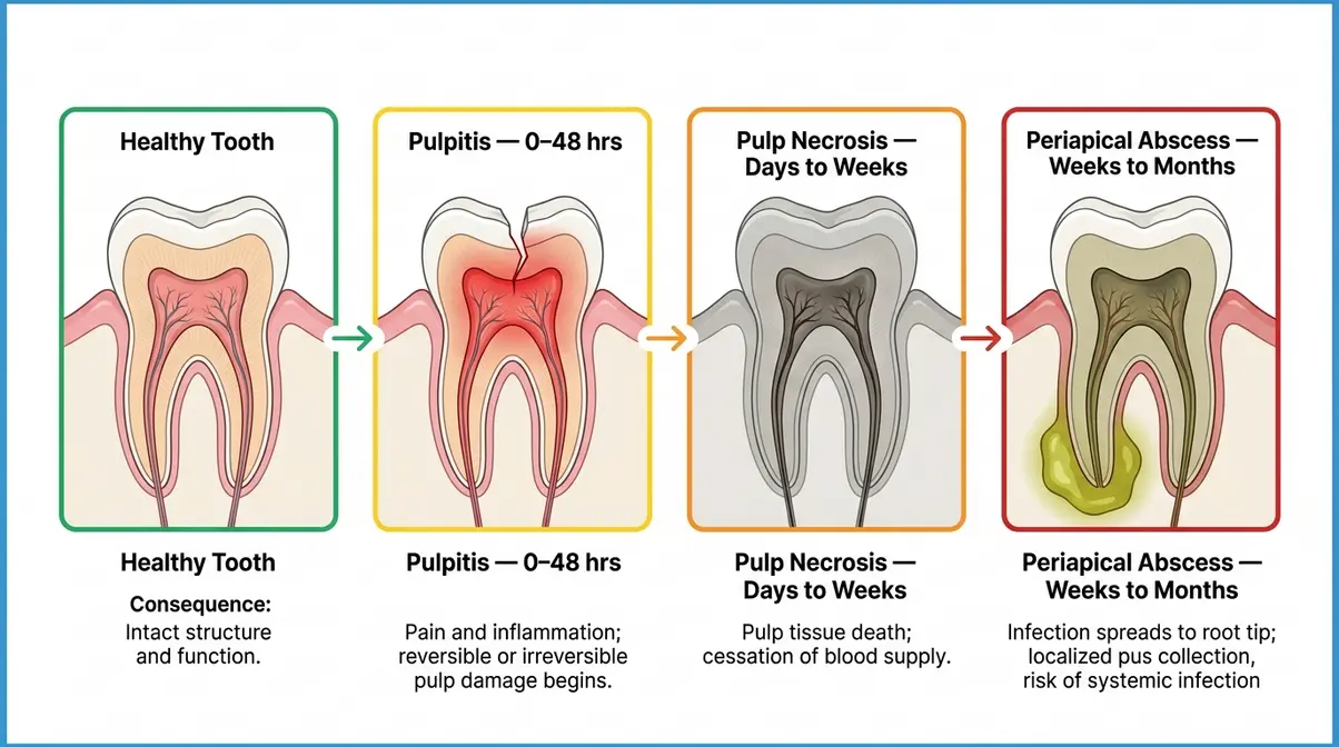 Four-stage diagram showing cat tooth infection progression from pulpitis to periapical abscess when left untreated