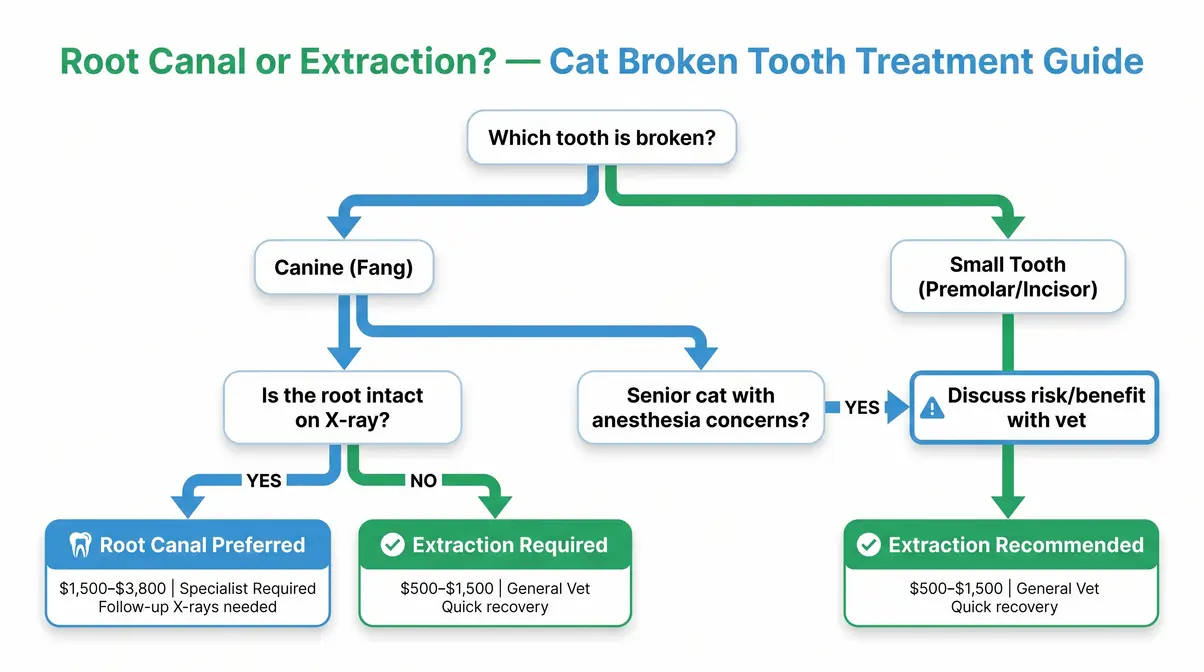 Cat broken tooth treatment decision tree comparing root canal versus extraction based on tooth type fracture extent and cat age