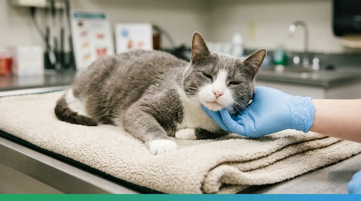 Veterinarian gently examining a senior cat's jaw for dental disease and broken tooth risk assessment