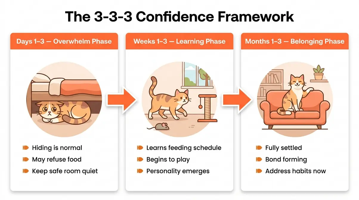 3-3-3 rule cat acclimation infographic showing overwhelm, learning, and belonging phases for new cat owners