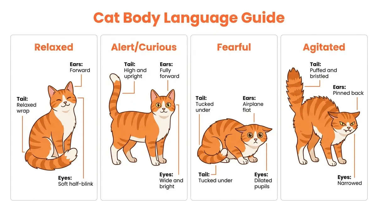 Cat body language guide for new cat owners showing posture and ear position meanings across four emotional states