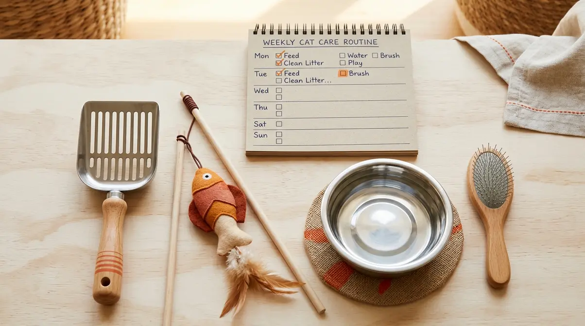 Cat daily care routine items including litter scooper, wand toy, water bowl, and weekly schedule planner