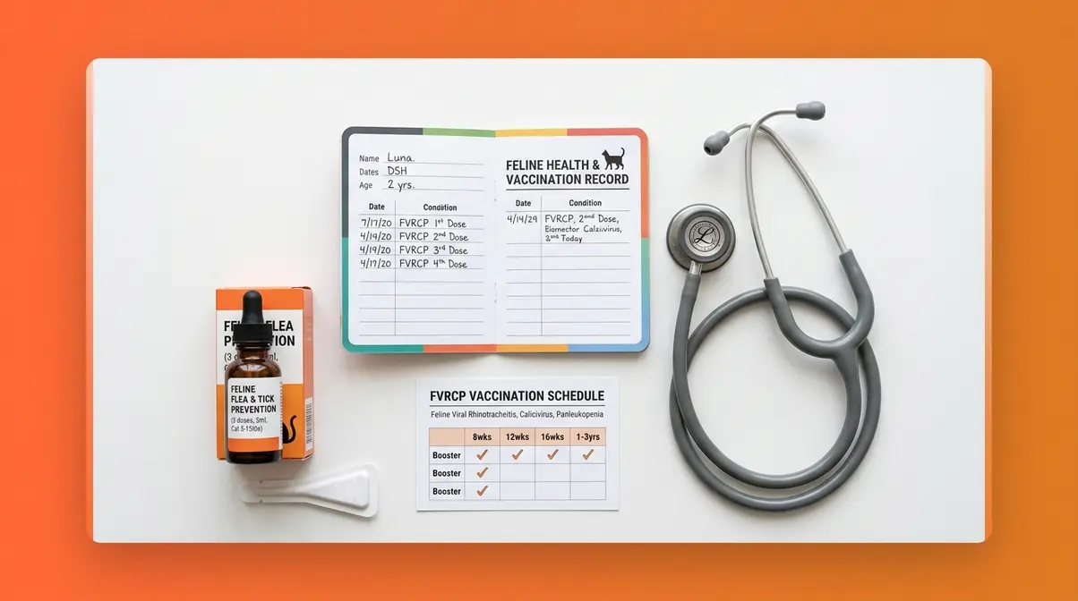 Cat health safety checklist items including vaccination record, flea prevention, and FVRCP schedule card