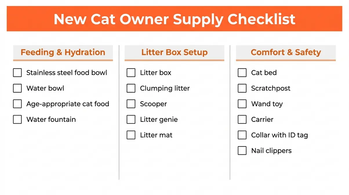 Printable cat care checklist PDF showing supply categories for new cat owners with checkboxes