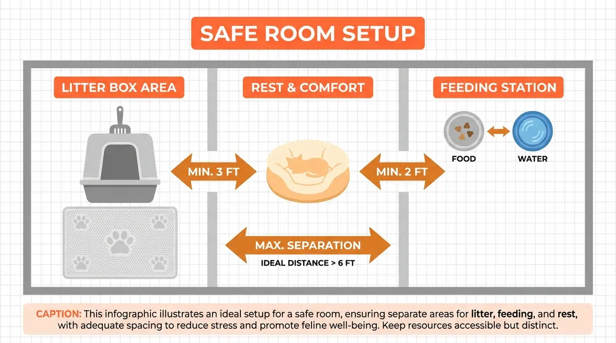 Cat care checklist safe room setup diagram showing litter box, feeding, and bed placement zones