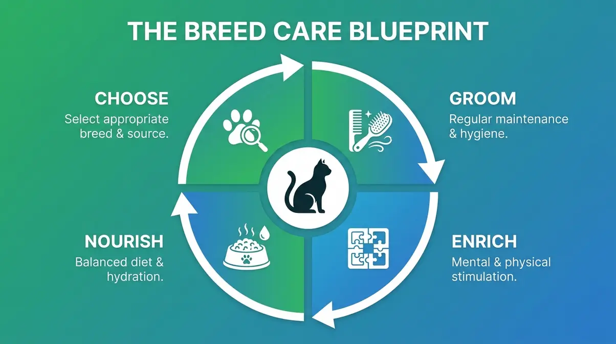 Breed Care Blueprint diagram showing the four pillars: Choose, Groom, Enrich, and Nourish for cat care