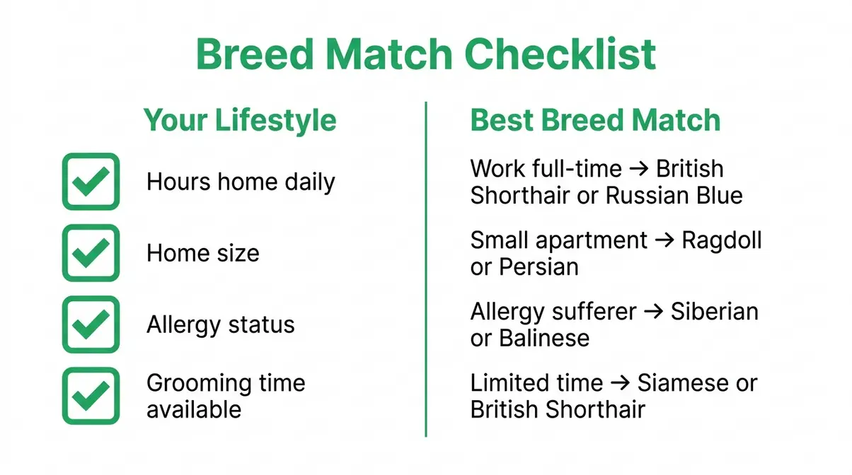 Breed-to-lifestyle matching checklist mapping home size, hours alone, allergy status, and grooming time to recommended cat breeds