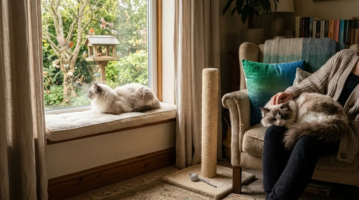 Ragdoll cat on a window perch watching birds while another Ragdoll rests on an owner's lap in a cosy home setting